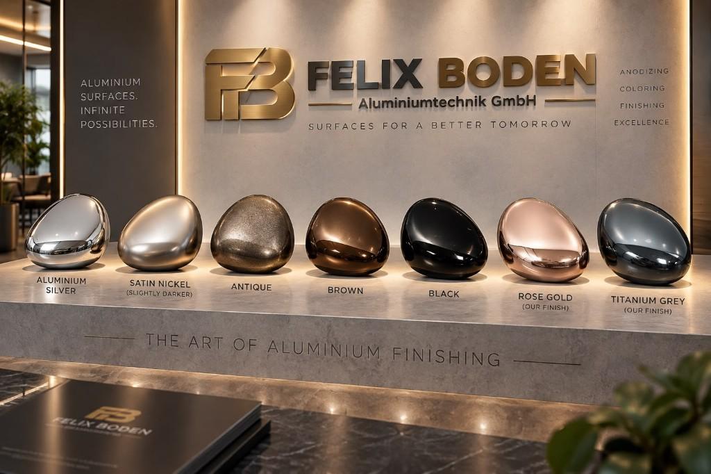 Felix Boden showroom wall with aluminium finishing samples in silver, satin nickel, antique, brown, black, rose gold and titanium grey